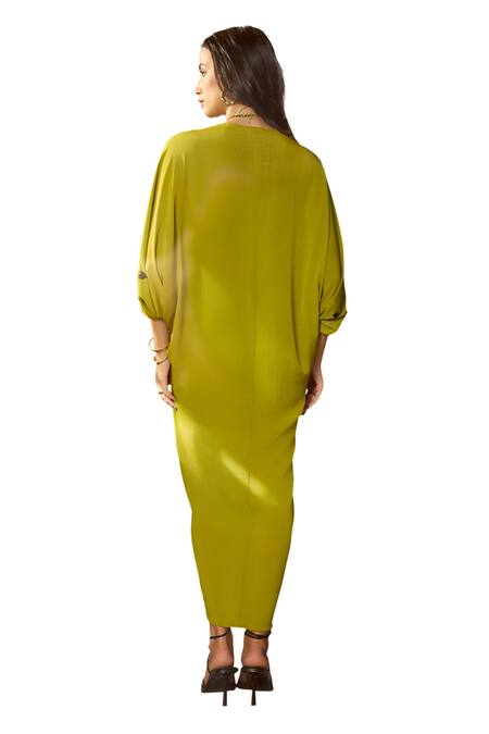 Meesa Green Crepe Embroidery Hearts V Neck Contrast Kaftan Online at Aza Fashions Meesa_Green Crepe Embroidery Hearts V Neck Contrast Kaftan _Online_at_Aza_Fashions