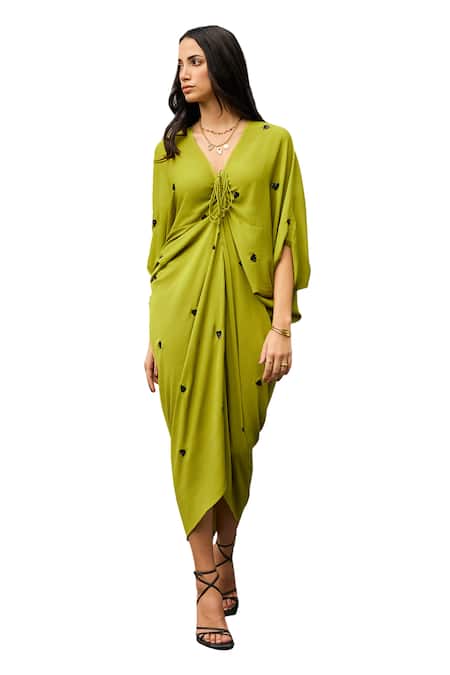 Meesa Green Crepe Embroidery Hearts V Neck Contrast Kaftan at Aza Fashions Meesa_Green Crepe Embroidery Hearts V Neck Contrast Kaftan _at_Aza_Fashions