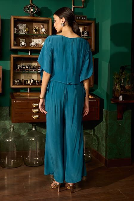 Shop Meesa Blue Crepe Placement Embroidery Floral Scoop Neck Top With Pant at Aza Fashions Shop_Meesa_Blue Crepe Placement Embroidery Floral Scoop Neck Top With Pant _at_Aza_Fashions