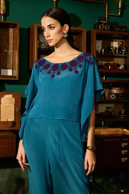 Buy Meesa Blue Crepe Placement Embroidery Floral Scoop Neck Top With Pant Online at Aza Fashions Buy_Meesa_Blue Crepe Placement Embroidery Floral Scoop Neck Top With Pant _Online_at_Aza_Fashions
