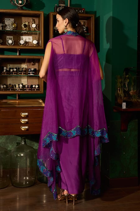 Shop Meesa Purple Organza, Crepe Embroidery Round Neck Scallop Cape And Draped Skirt Set at Aza Fashions Shop_Meesa_Purple Organza, Crepe Embroidery Round Neck Scallop Cape And Draped Skirt Set _at_Aza_Fashions