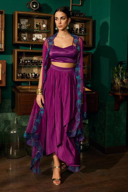 Meesa Purple Organza, Crepe Embroidery Round Neck Scallop Cape And Draped Skirt Set Online at Aza Fashions Meesa_Purple Organza, Crepe Embroidery Round Neck Scallop Cape And Draped Skirt Set _Online_at_Aza_Fashions