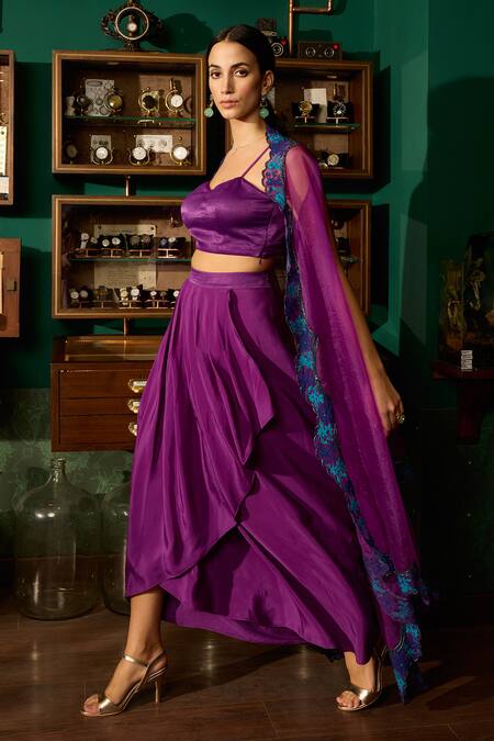 Buy Meesa Purple Organza, Crepe Embroidery Round Neck Scallop Cape And Draped Skirt Set Online at Aza Fashions Buy_Meesa_Purple Organza, Crepe Embroidery Round Neck Scallop Cape And Draped Skirt Set _Online_at_Aza_Fashions