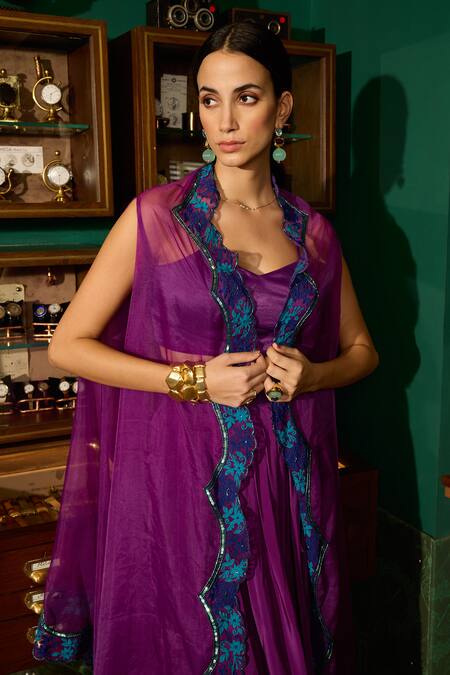Shop Meesa Purple Organza, Crepe Embroidery Round Neck Scallop Cape And Draped Skirt Set Online at Aza Fashions Shop_Meesa_Purple Organza, Crepe Embroidery Round Neck Scallop Cape And Draped Skirt Set _Online_at_Aza_Fashions