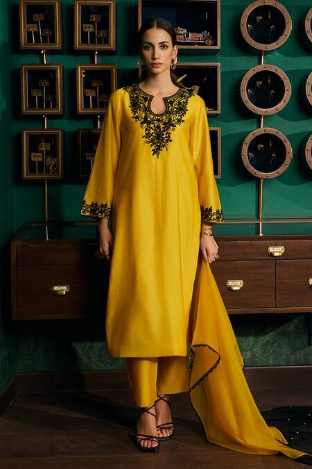 Meesa Yellow Chanderi Silk, Organza Embroidery Split Flower Vine Yoke Kurta Pant Set Online at Aza Fashions Meesa_Yellow Chanderi Silk, Organza Embroidery Split Flower Vine Yoke Kurta Pant Set _Online_at_Aza_Fashions
