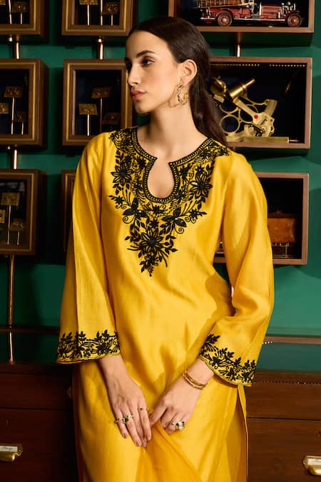Buy Meesa Yellow Chanderi Silk, Organza Embroidery Split Flower Vine Yoke Kurta Pant Set Online at Aza Fashions Buy_Meesa_Yellow Chanderi Silk, Organza Embroidery Split Flower Vine Yoke Kurta Pant Set _Online_at_Aza_Fashions