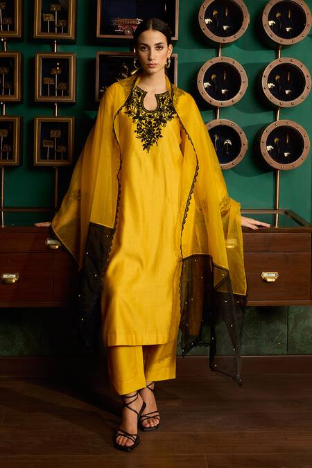 Shop Meesa Yellow Chanderi Silk, Organza Embroidery Split Flower Vine Yoke Kurta Pant Set Online at Aza Fashions Shop_Meesa_Yellow Chanderi Silk, Organza Embroidery Split Flower Vine Yoke Kurta Pant Set _Online_at_Aza_Fashions