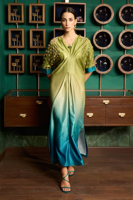 Meesa Green Satin Placement Embroidery Floral Gota Patti V Neck Ombre Kaftan 