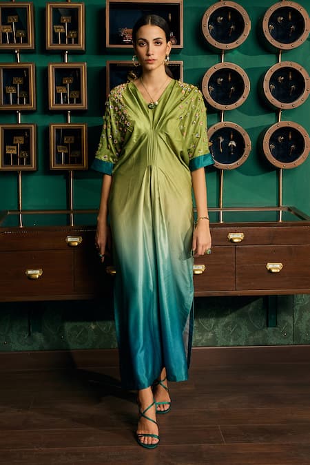 Meesa_Green Satin Embroidery V-neck Ombre Placement Gota Patti Kaftan _Online_at_Aza_Fashions