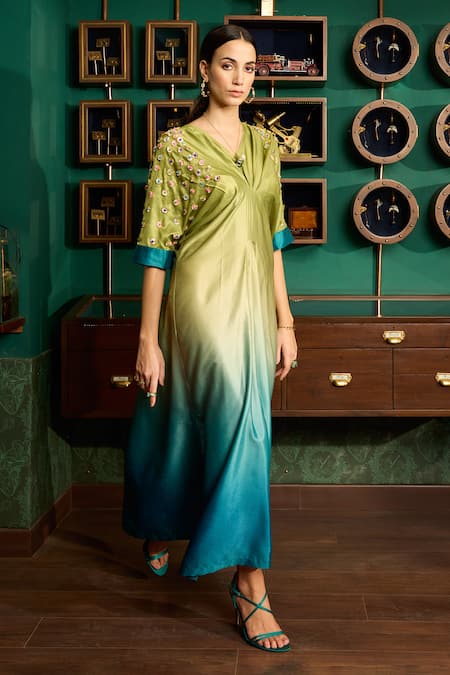 Buy_Meesa_Green Satin Embroidery V-neck Ombre Placement Gota Patti Kaftan _Online_at_Aza_Fashions