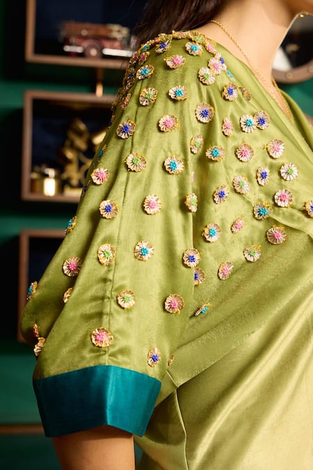 Shop_Meesa_Green Satin Embroidery V-neck Ombre Placement Gota Patti Kaftan _Online_at_Aza_Fashions