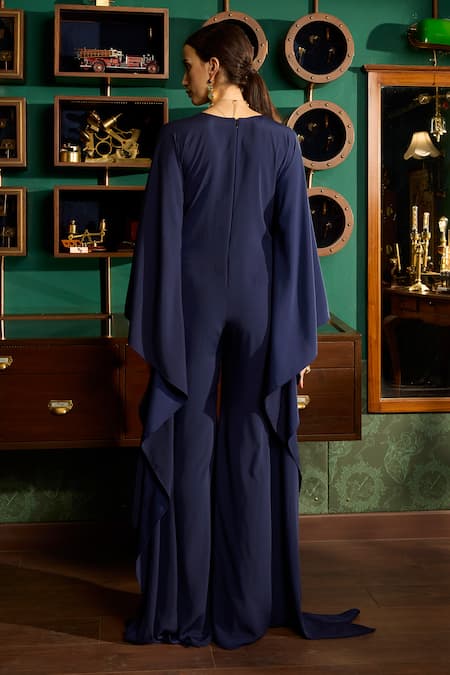 Shop_Meesa_Blue Crepe Plain V Neck Flared Jumpsuit _at_Aza_Fashions