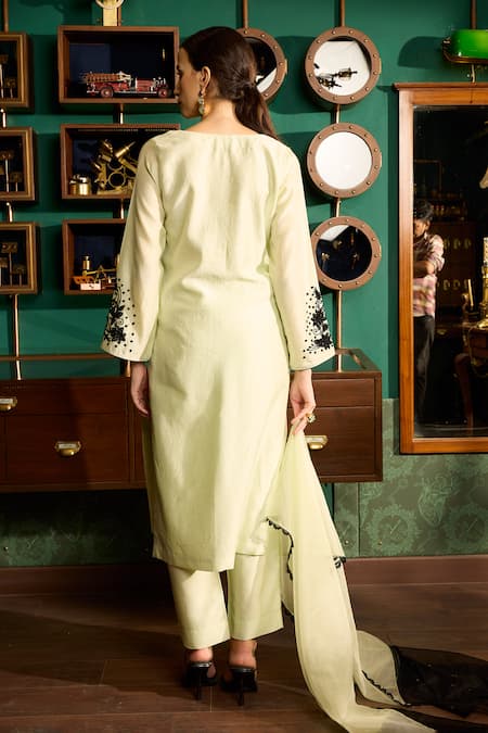 Shop Meesa Green Chanderi Silk, Organza Embroidery Split V-neck Placement Kurta Pant Set at Aza Fashions Shop_Meesa_Green Chanderi Silk, Organza Embroidery Split V-neck Placement Kurta Pant Set _at_Aza_Fashions