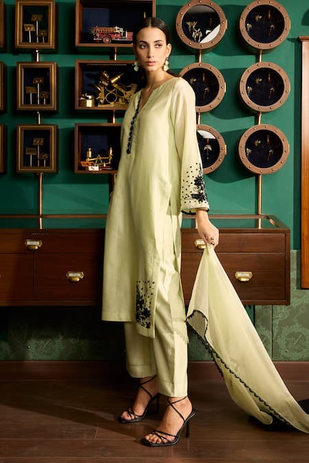 Buy Meesa Green Chanderi Silk, Organza Embroidery Split V-neck Placement Kurta Pant Set Online at Aza Fashions Buy_Meesa_Green Chanderi Silk, Organza Embroidery Split V-neck Placement Kurta Pant Set _Online_at_Aza_Fashions