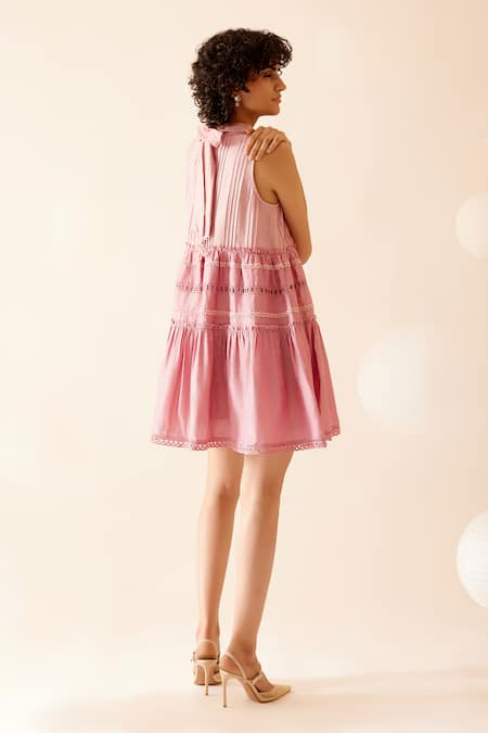 Shop Bunka Pink Chanderi Embellishment Lace High Neck Alaya Tiered Dress at Aza Fashions Shop_Bunka_Pink Chanderi Embellishment Lace High Neck Alaya Tiered Dress _at_Aza_Fashions