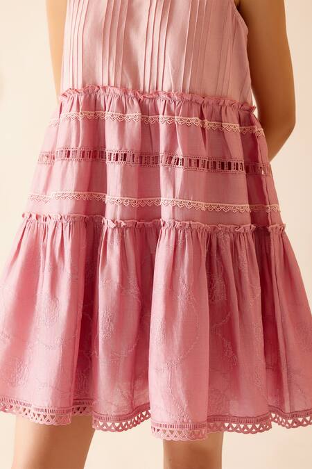 Buy Bunka Pink Chanderi Embellishment Lace High Neck Alaya Tiered Dress Online at Aza Fashions Buy_Bunka_Pink Chanderi Embellishment Lace High Neck Alaya Tiered Dress _Online_at_Aza_Fashions