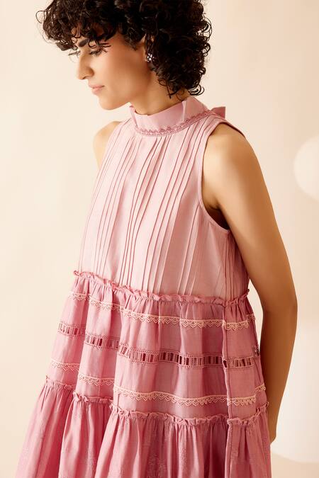 Bunka Pink Chanderi Embellishment Lace High Neck Alaya Tiered Dress at Aza Fashions Bunka_Pink Chanderi Embellishment Lace High Neck Alaya Tiered Dress _at_Aza_Fashions