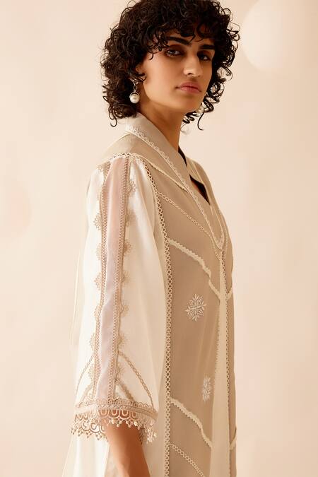 Shop_Bunka_Ivory Chanderi Embroidered Lace Collared Ambreen Thread Kurta With Pant _Online_at_Aza_Fashions