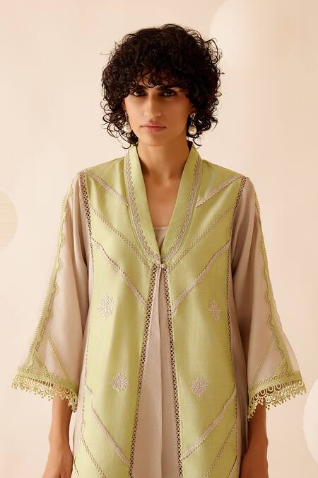 Buy Bunka Green Chanderi Embroidered Lace Collared Ambreen Detailed Kurta With Pant Buy_Bunka_Green Chanderi Embroidered Lace Collared Ambreen Detailed Kurta With Pant