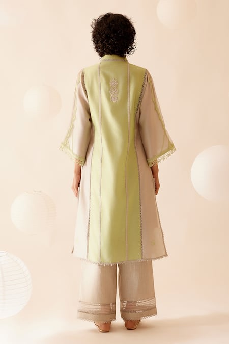 Shop Bunka Green Chanderi Embroidered Lace Collared Ambreen Detailed Kurta With Pant at Aza Fashions Shop_Bunka_Green Chanderi Embroidered Lace Collared Ambreen Detailed Kurta With Pant _at_Aza_Fashions