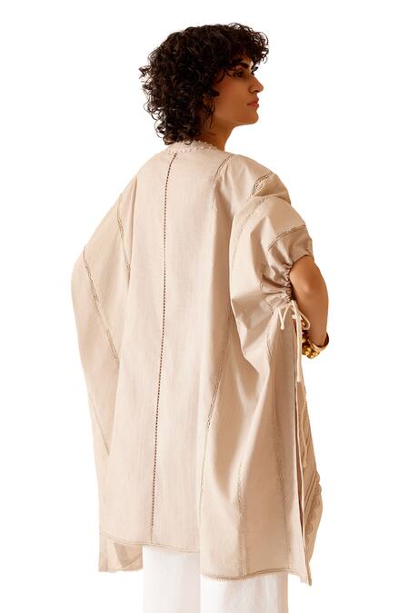 Bunka Pink Cotton Lace Band Collar Ava Pintuck Detailed Kaftan Online at Aza Fashions Bunka_Pink Cotton Lace Band Collar Ava Pintuck Detailed Kaftan _Online_at_Aza_Fashions