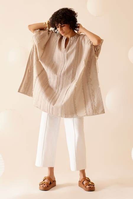 Buy Bunka Pink Cotton Lace Band Collar Ava Pintuck Detailed Kaftan Online at Aza Fashions Buy_Bunka_Pink Cotton Lace Band Collar Ava Pintuck Detailed Kaftan _Online_at_Aza_Fashions