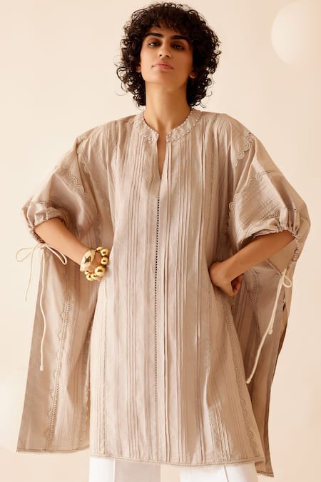 Shop Bunka Pink Cotton Lace Band Collar Ava Pintuck Detailed Kaftan Online at Aza Fashions Shop_Bunka_Pink Cotton Lace Band Collar Ava Pintuck Detailed Kaftan _Online_at_Aza_Fashions