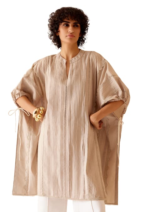 Bunka Pink Cotton Lace Band Collar Ava Pintuck Detailed Kaftan at Aza Fashions Bunka_Pink Cotton Lace Band Collar Ava Pintuck Detailed Kaftan _at_Aza_Fashions