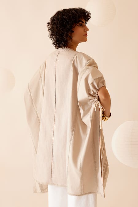 Shop Bunka Pink Cotton Lace Band Collar Ava Pintuck Detailed Kaftan at Aza Fashions Shop_Bunka_Pink Cotton Lace Band Collar Ava Pintuck Detailed Kaftan _at_Aza_Fashions