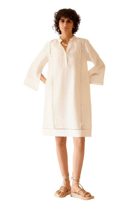 Bunka_Ivory Chanderi Lace Band Collar Isa Detailed Short Dress_Online_at_Aza_Fashions