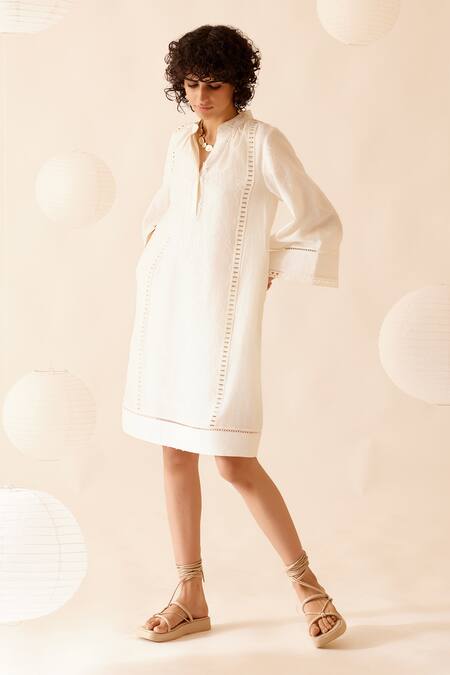 Buy_Bunka_Ivory Chanderi Lace Band Collar Isa Detailed Short Dress_Online_at_Aza_Fashions