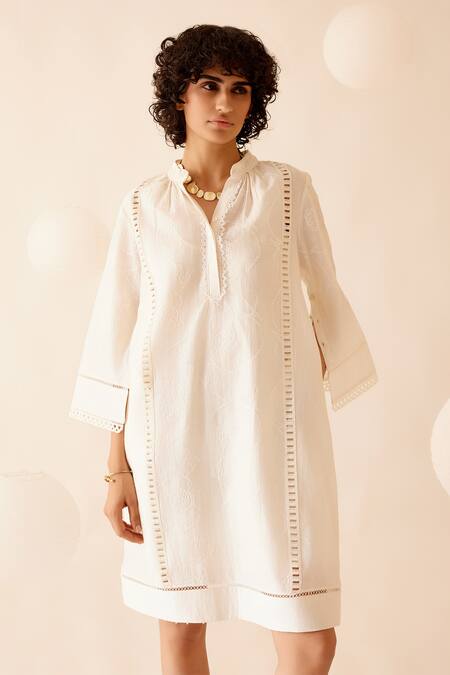 Shop_Bunka_Ivory Chanderi Lace Band Collar Isa Detailed Short Dress_Online_at_Aza_Fashions