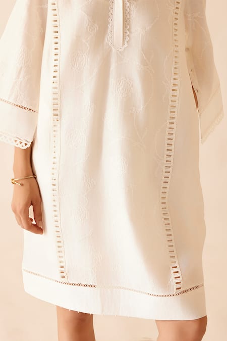 Bunka_Ivory Chanderi Lace Band Collar Isa Detailed Short Dress_at_Aza_Fashions