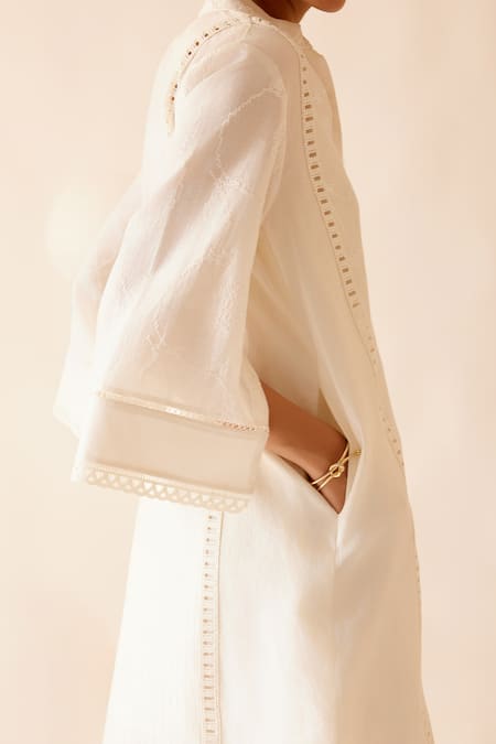 Buy_Bunka_Ivory Chanderi Lace Band Collar Isa Detailed Short Dress