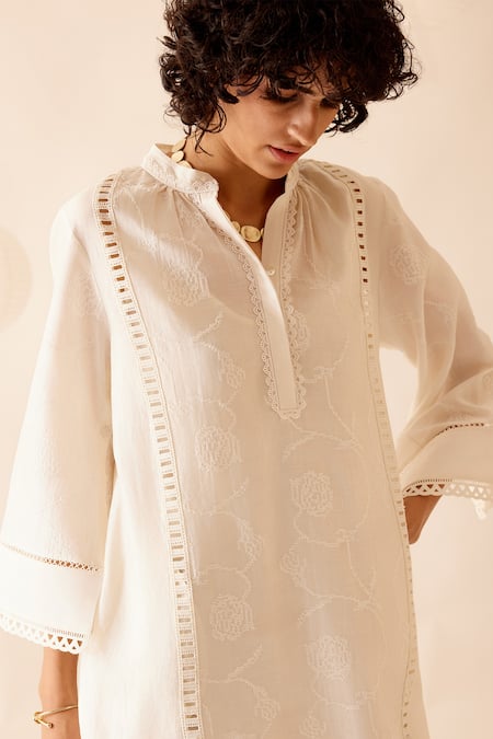 Shop_Bunka_Ivory Chanderi Lace Band Collar Isa Detailed Short Dress