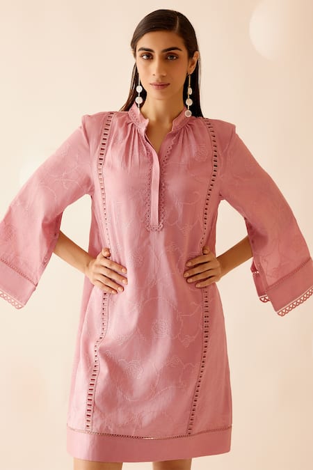 Shop_Bunka_Pink Chanderi Lace Band Collar Isa Slit Sleeve Short Dress_Online_at_Aza_Fashions