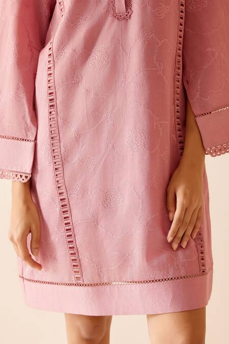Bunka_Pink Chanderi Lace Band Collar Isa Slit Sleeve Short Dress_at_Aza_Fashions