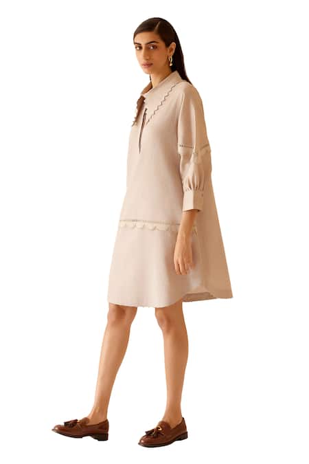 Bunka Beige Cotton Lace Collared Isa Short Dress Online at Aza Fashions Bunka_Beige Cotton Lace Collared Isa Short Dress_Online_at_Aza_Fashions