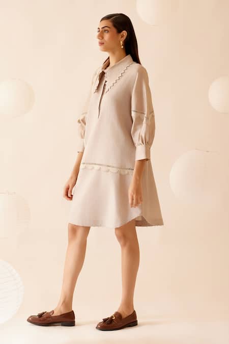 Buy Bunka Beige Cotton Lace Collared Isa Short Dress Online at Aza Fashions Buy_Bunka_Beige Cotton Lace Collared Isa Short Dress_Online_at_Aza_Fashions