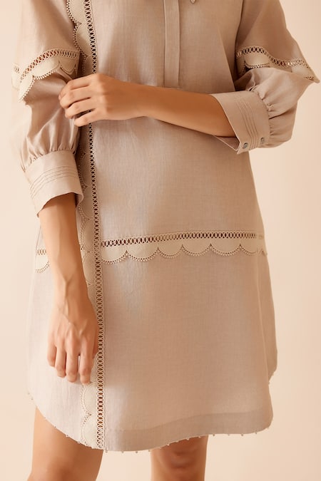 Shop Bunka Beige Cotton Lace Collared Isa Short Dress Online at Aza Fashions Shop_Bunka_Beige Cotton Lace Collared Isa Short Dress_Online_at_Aza_Fashions