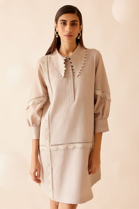 Bunka Beige Cotton Lace Collared Isa Short Dress at Aza Fashions Bunka_Beige Cotton Lace Collared Isa Short Dress_at_Aza_Fashions