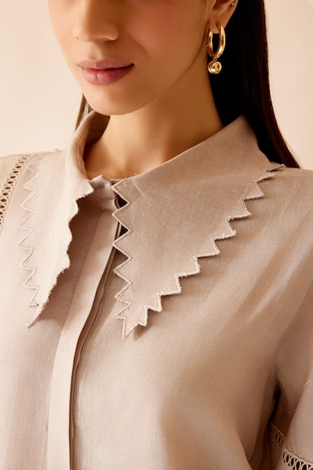 Buy Bunka Beige Cotton Lace Collared Isa Short Dress Buy_Bunka_Beige Cotton Lace Collared Isa Short Dress