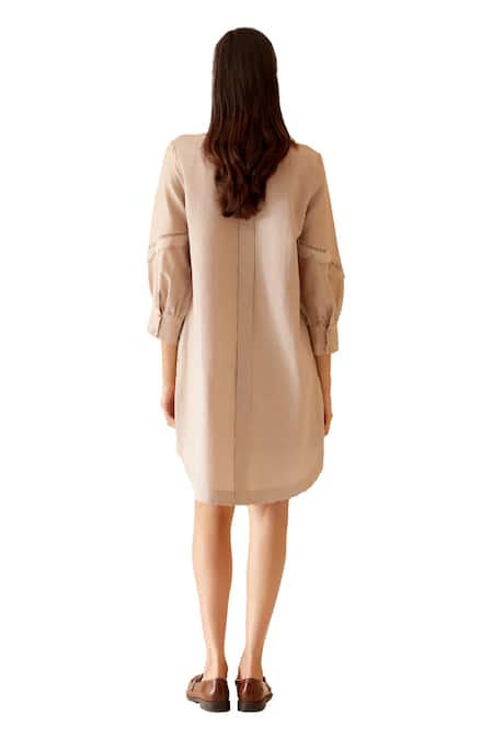 Shop Bunka Beige Cotton Lace Collared Isa Short Dress Shop_Bunka_Beige Cotton Lace Collared Isa Short Dress