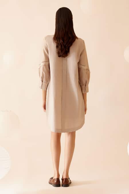Shop Bunka Beige Cotton Lace Collared Isa Short Dress at Aza Fashions Shop_Bunka_Beige Cotton Lace Collared Isa Short Dress_at_Aza_Fashions