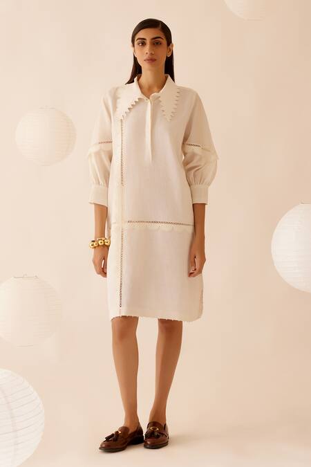 Bunka_Ivory Cotton Lace Collared Isa Zig-zag Dress_Online_at_Aza_Fashions