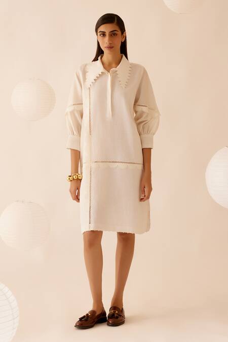 Shop_Bunka_Ivory Cotton Lace Collared Isa Zig-zag Dress_Online_at_Aza_Fashions