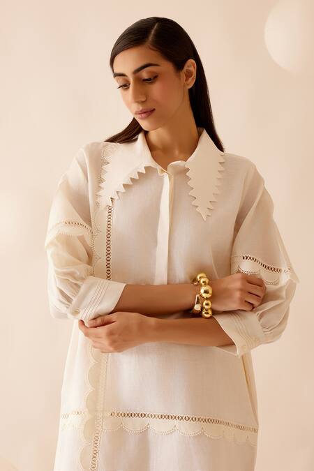 Bunka_Ivory Cotton Lace Collared Isa Zig-zag Dress_at_Aza_Fashions