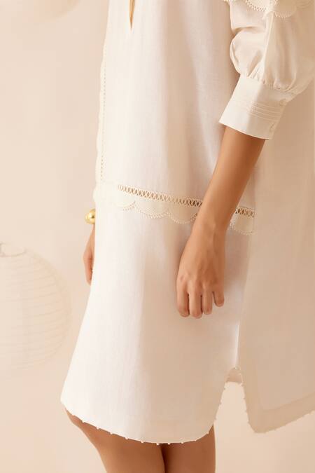 Buy_Bunka_Ivory Cotton Lace Collared Isa Zig-zag Dress