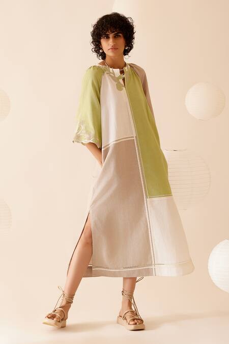 Buy Bunka Green Cotton Lace V Neck Neesa Color Block Midi Dress Online at Aza Fashions Buy_Bunka_Green Cotton Lace V Neck Neesa Color Block Midi Dress _Online_at_Aza_Fashions