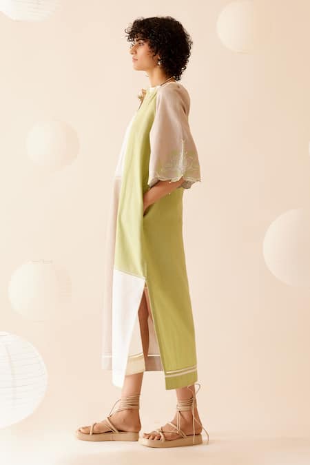 Shop Bunka Green Cotton Lace V Neck Neesa Color Block Midi Dress Online at Aza Fashions Shop_Bunka_Green Cotton Lace V Neck Neesa Color Block Midi Dress _Online_at_Aza_Fashions